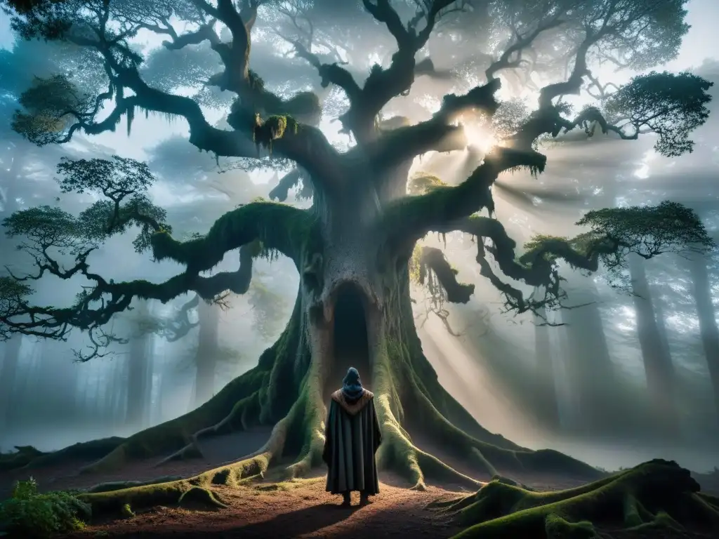 Majestuoso bosque en la niebla al amanecer con figura misteriosa entre los árboles