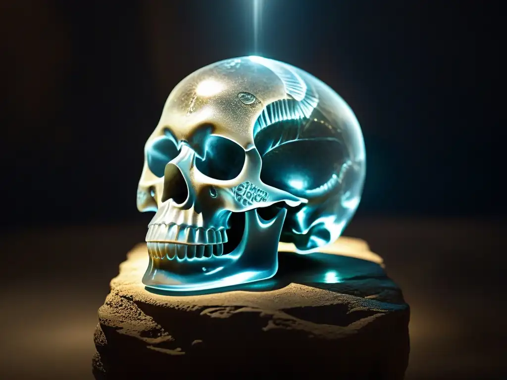 Calavera de cristal misteriosa en pedestal de piedra Majestuoso cráneo de cristal reposando en un pedestal de piedra, con grabados intrincados y reflejos de luz, en un ambiente misterioso