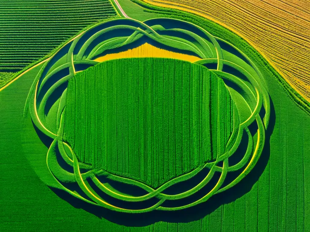 Misterio en el campo: impactante formación de círculos en cultivos Majestuoso diseño de círculos de cultivos en campo verde