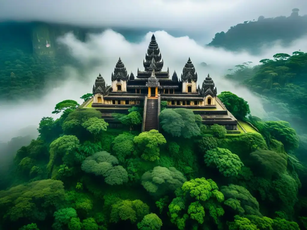 Majestuoso templo antiguo en la niebla con esculturas y escenas apocalípticas, rodeado de vegetación bajo un cielo tormentoso