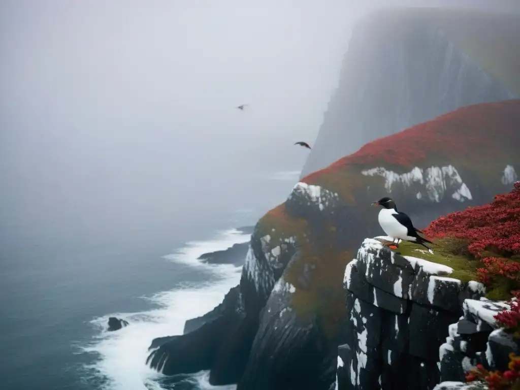 Great Auks en acantilado neblinoso: belleza misteriosa Majestuoso vuelo de Auks Grandes en acantilado cubierto de niebla, evocando misterio y belleza