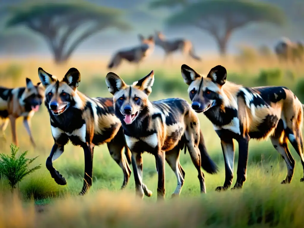 Manada de perros salvajes africanos entre la niebla al amanecer Manada de elusivos licaones se desplazan sigilosamente en la misteriosa savana africana al amanecer
