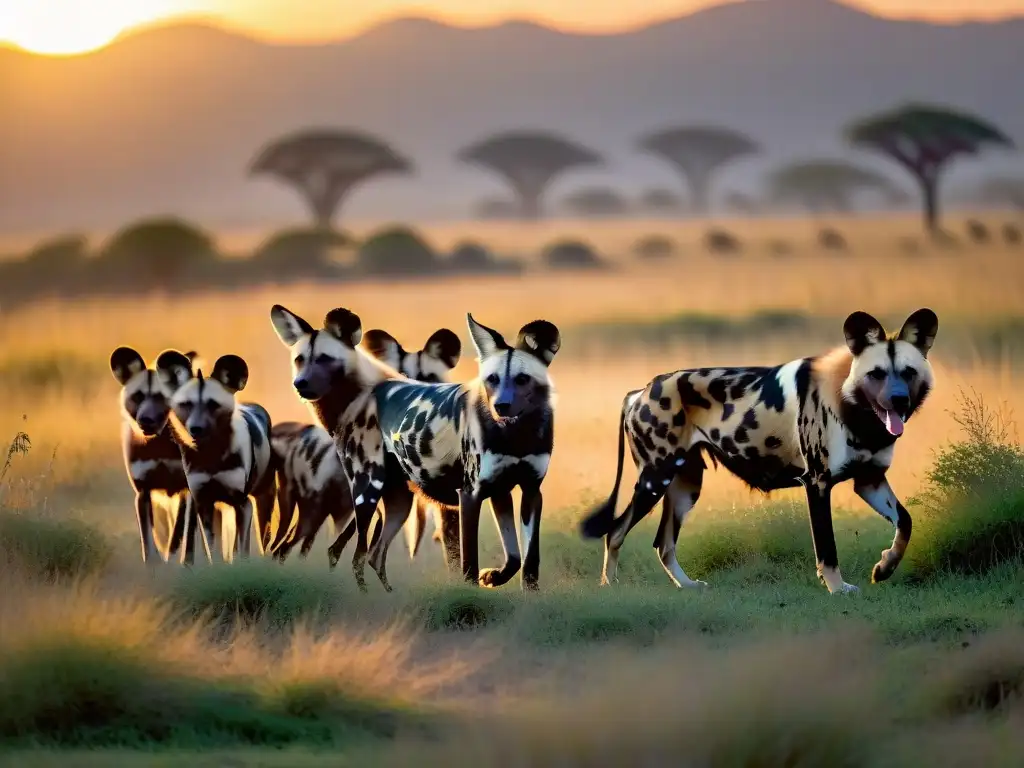 Manada de perros salvajes africanos en la sabana al atardecer Manada de Licaones en la misteriosa sabana africana al atardecer