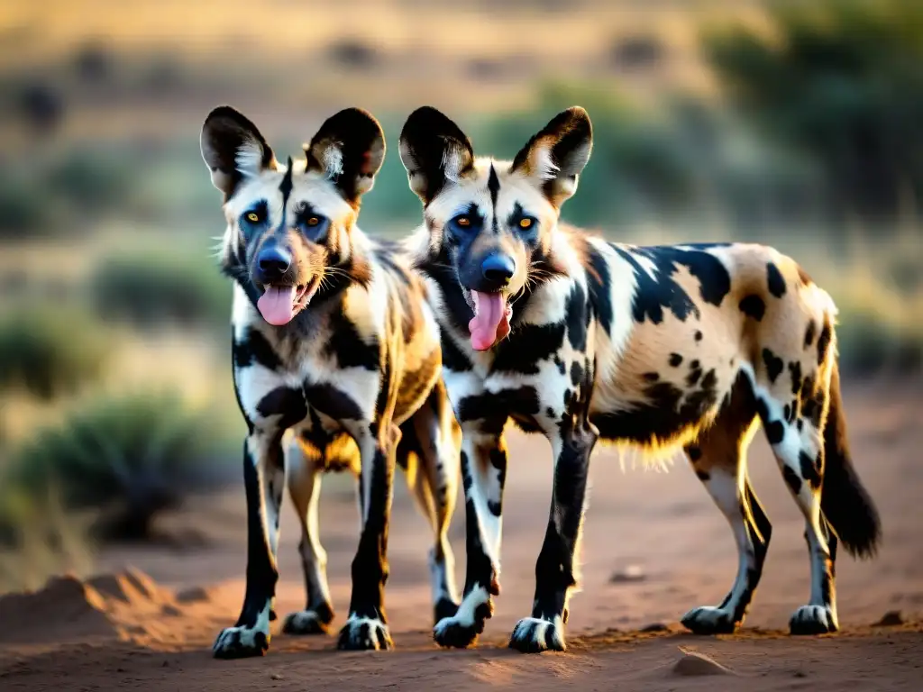African Wild Dogs: Elegantes depredadores en la selva Manada de perros salvajes africanos en su hábitat natural, con patrones de pelaje moteado y miradas intensas