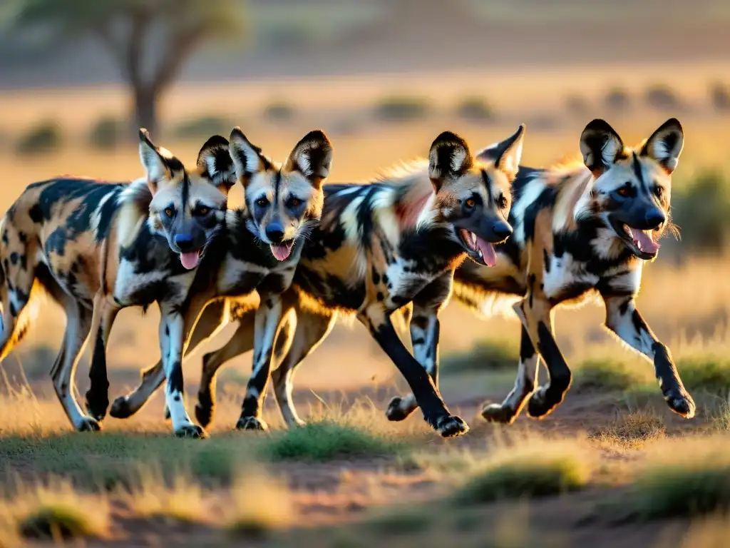 Manada de perros salvajes africanos en la sabana al atardecer Manada de perros salvajes africanos, Licaón pictus, en la sabana al atardecer, exudando misterio y belleza salvaje