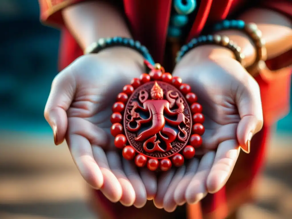 Mano sostiene amuleto rojo coral con símbolos antiguos