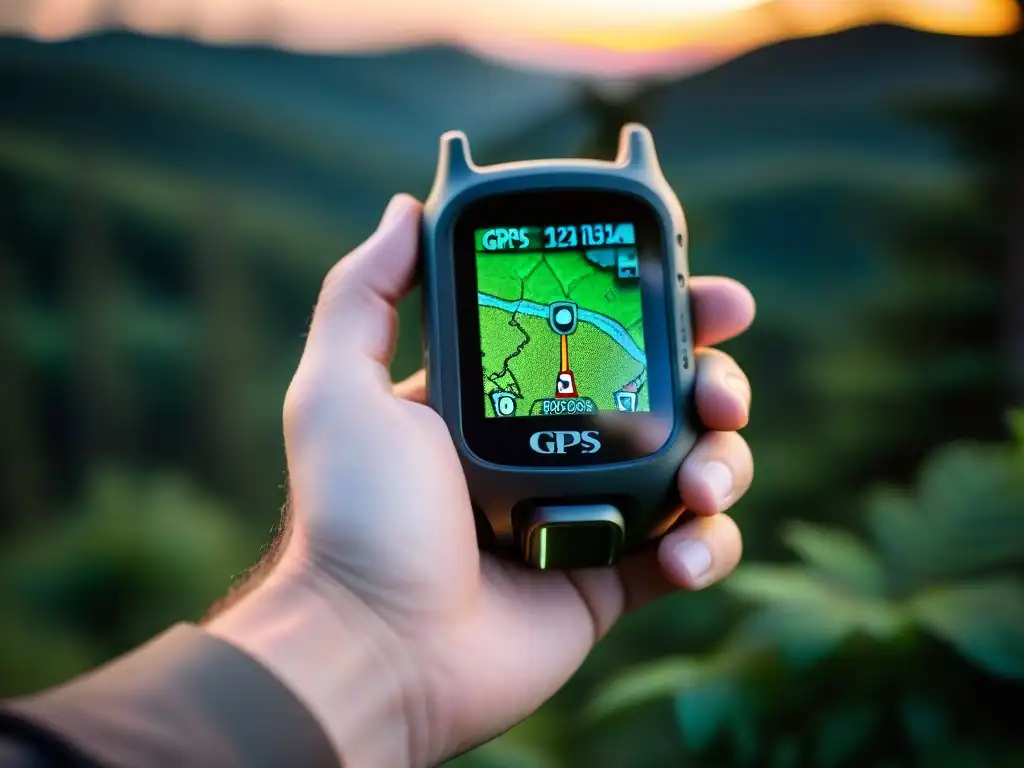 Mano experta en misterioso bosque con GPS de alta tecnología Mano anciana con anillos sosteniendo GPS en bosque misterioso al atardecer