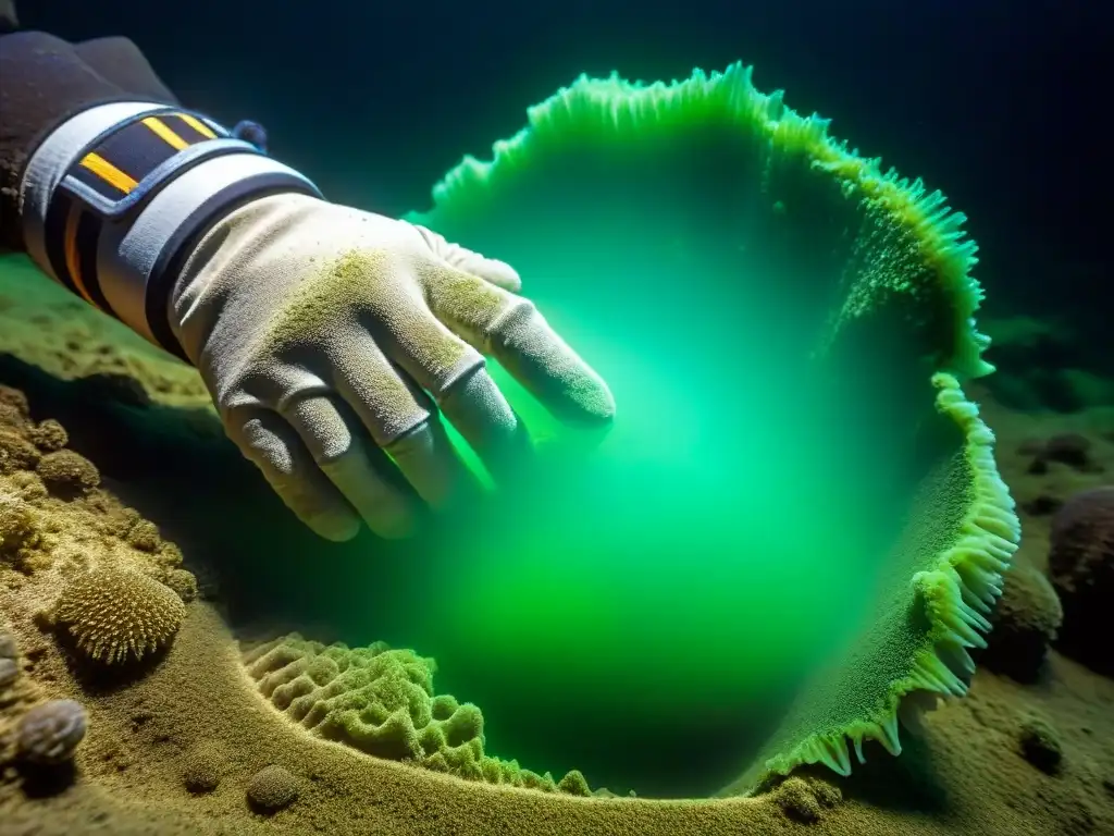 Explorador submarino limpia antiguo artefacto en Punto Nemo Mano de buzo en el misterioso Punto Nemo limpia antiguo artefacto cubierto de algas y grabados, en expediciones secretas