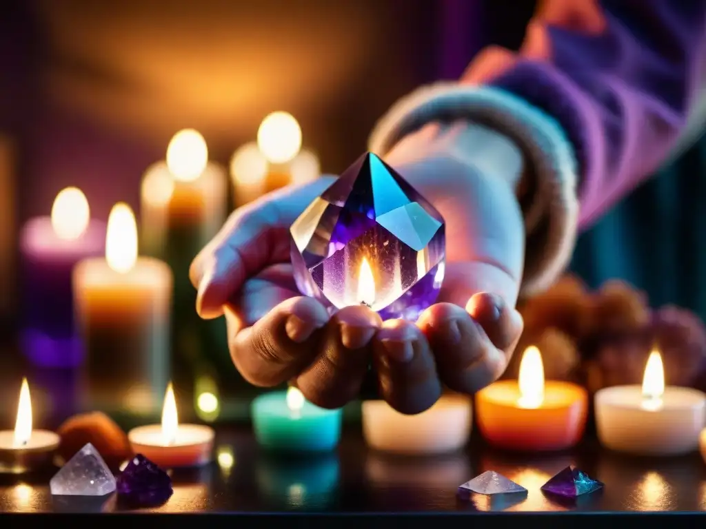 Mano sosteniendo cristal de amatista en ambiente místico Mano sostiene cristal amatista brillante en habitación mística llena de velas y cristales