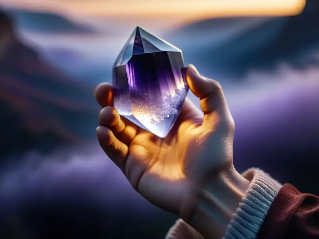 Amatista brillante en mano, detalle místico Mano sostiene cristal amatista brillante entre niebla mística, energía esotérica