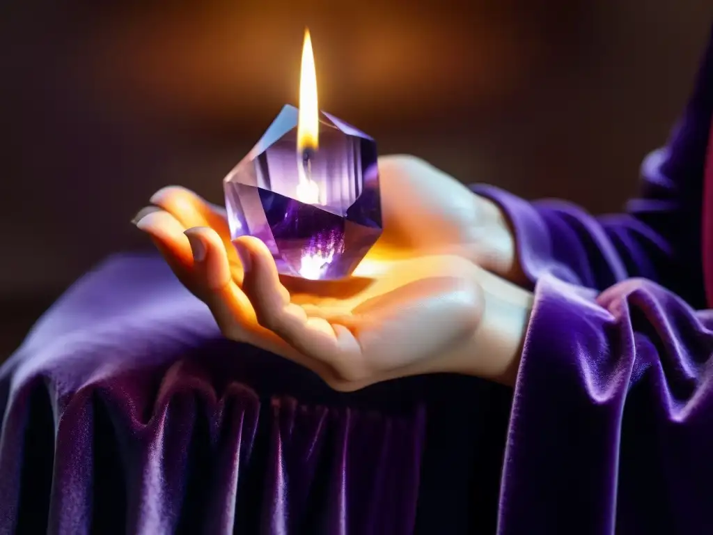 Mágica conexión: mano sostiene amatista bajo luz de vela Mano sostiene con delicadeza un cristal amatista bajo luz de vela, transmitiendo energía esotérica
