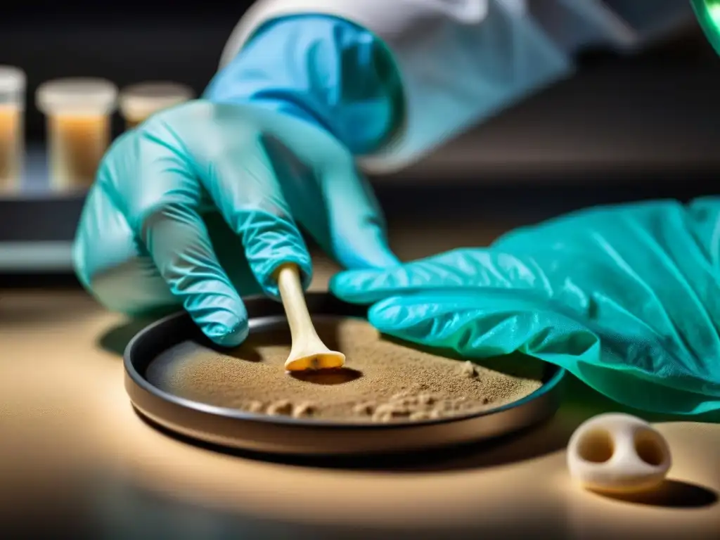 Descubriendo antiguos misterios genéticos en laboratorio Mano enguantada de científico extrayendo hueso antiguo de placa Petri en laboratorio