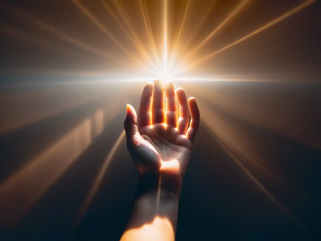 Mano etérea se extiende hacia la luz cegadora en una Experiencia cercana a la muerte, entre la vida y la muerte