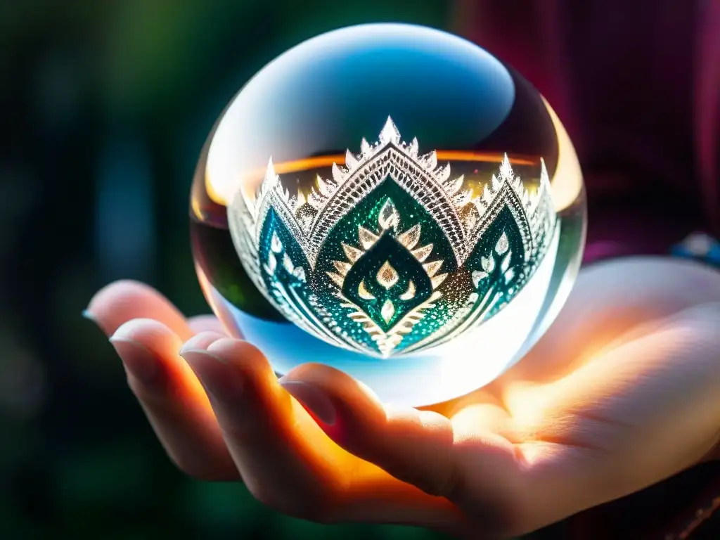 Mano misteriosa sostiene esfera de cristal Mano sostiene misteriosa bola de cristal, emitiendo brillo esotérico