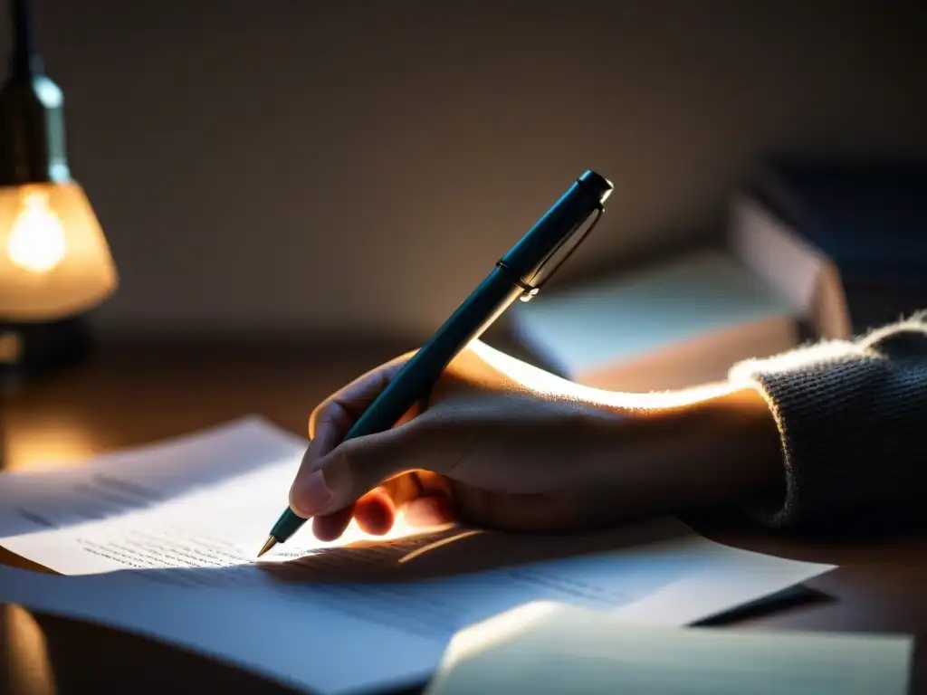 Mano nerviosa sostiene bolígrafo en habitación tenue con papeles dispersos, lámpara parpadeante, reflejando estigma social reportar FANI