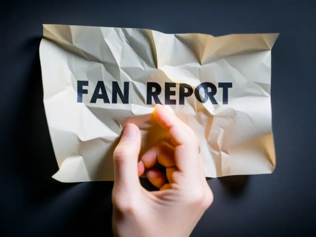 Mano nerviosa sujeta papel arrugado con 'FANI report' en entorno tenso y misterioso