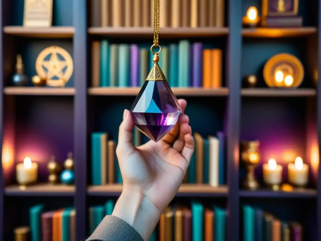 Amatista: pendulo de cristal en mano, misticismo y color Una mano sostiene un péndulo de amatista en un místico ambiente de adivinación