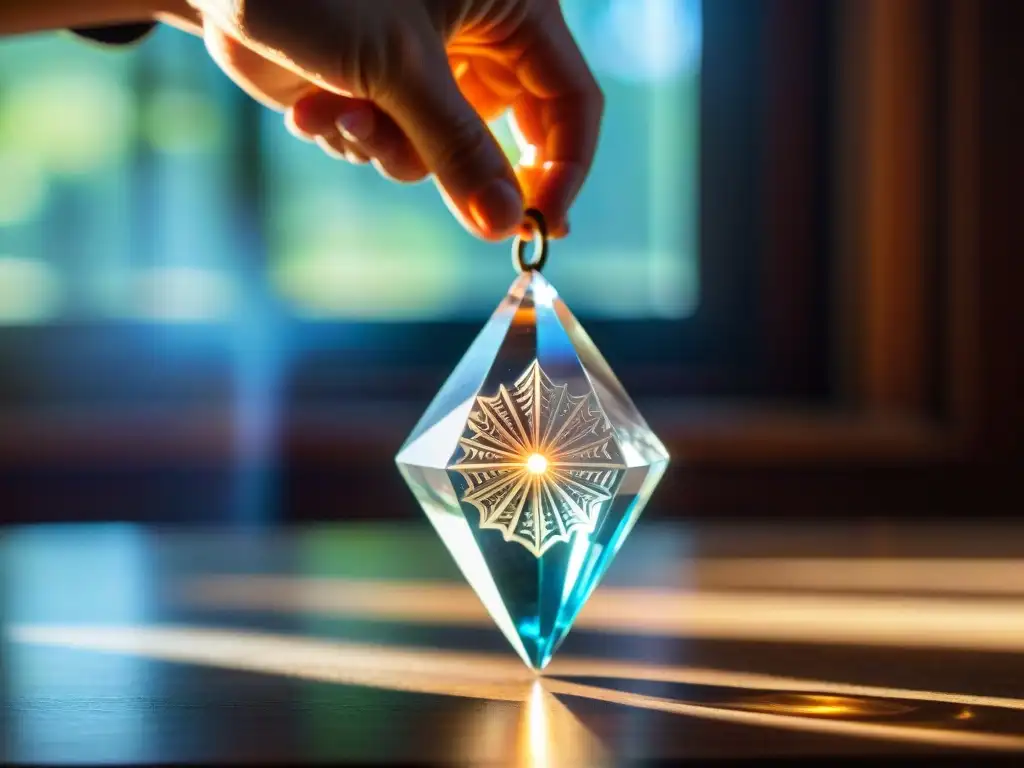 Péndulo de cristal: luz y misticismo en detalle Mano sostiene péndulo de cristal tallado sobre mesa de madera, iluminado por la luz solar