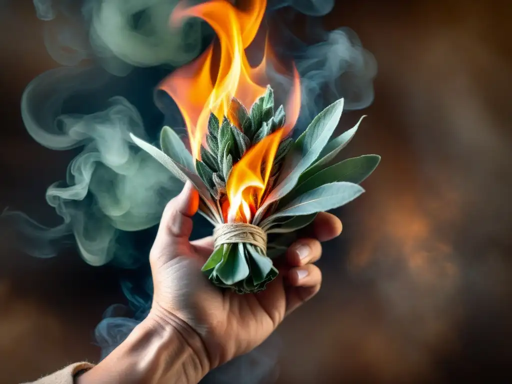 La mano de una persona sostiene un manojo de salvia ardiendo, con humo envolviendo sus dedos en una atmósfera mística