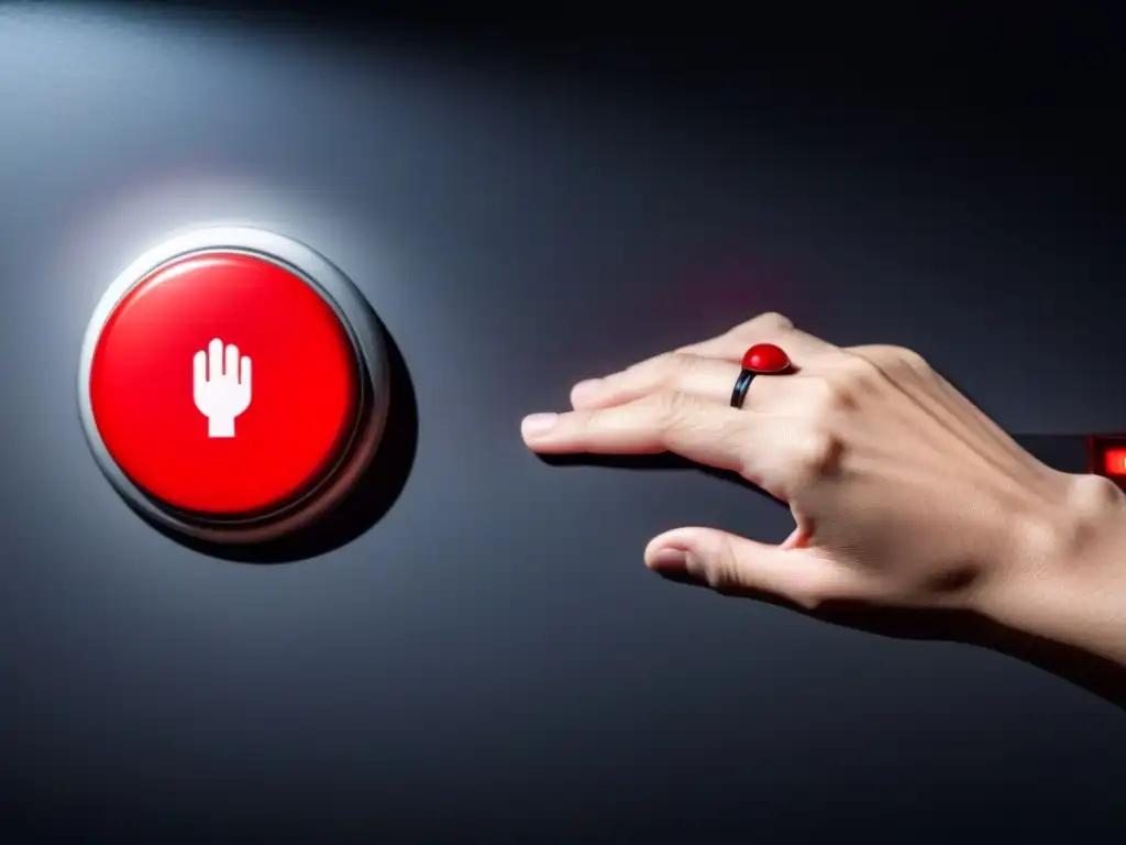 Mano temblorosa cerca de botón rojo de emergencia con figura sombría detrás, reflejando el estigma social de reportar FANI