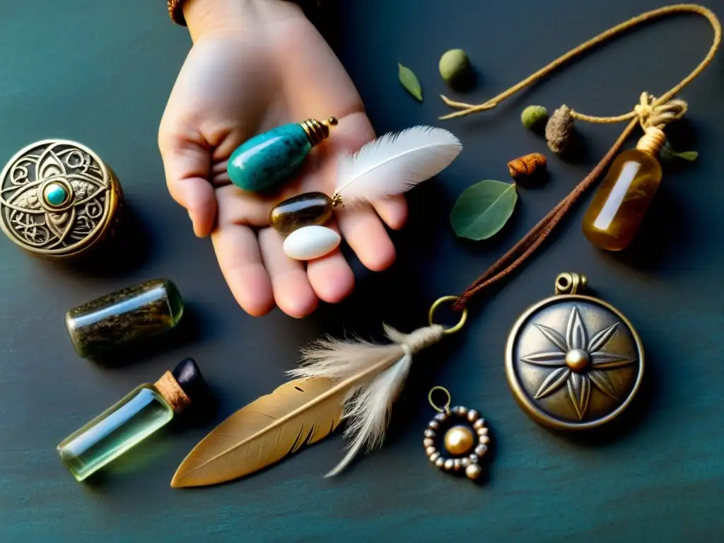 Mano anciana con talismanes y amuletos: misterio y sabiduría ancestral Una mano temblorosa sostiene talismanes antiguos, creando una atmósfera mística de 'Supersticiones que reflejan inseguridades'
