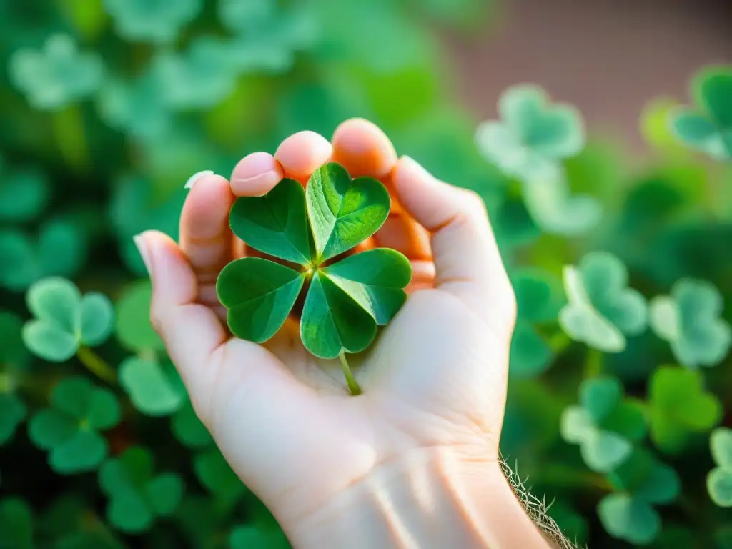 Una mano sostiene un trébol de cuatro hojas vibrante, mostrando cada detalle, simbolizando creencias supersticiosas y salud física