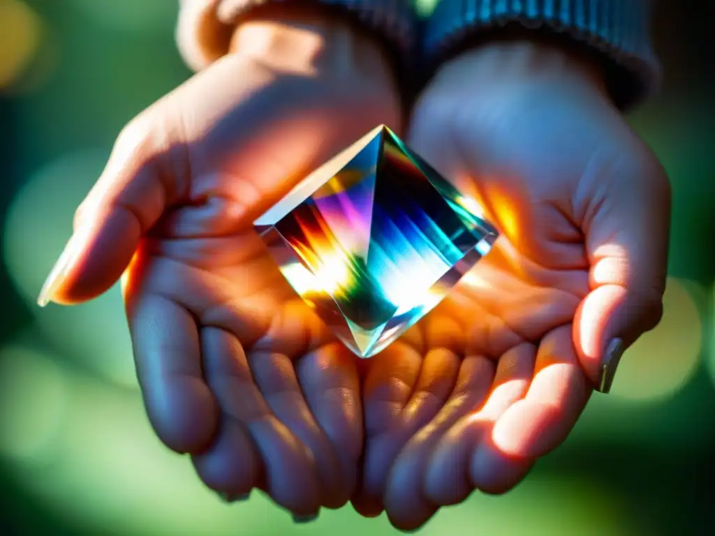 Mágica conexión: manos sosteniendo cristal vibrante Manos sostienen cristal brillante con patrones y colores, reflejando luz solar