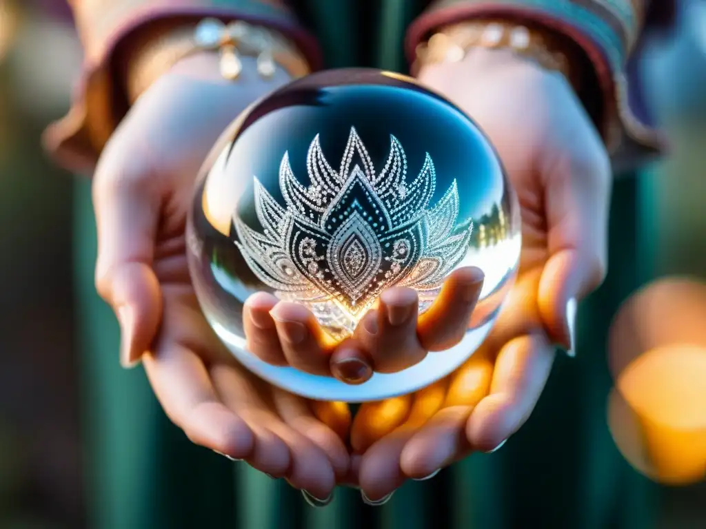 Manos mágicas sostienen esfera de cristal Manos sostienen esfera de cristal con símbolos místicos y brillo, creando conexión esotérica