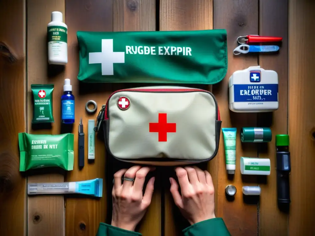 Manos de explorador organizando kit de primeros auxilios en expediciones misteriosas