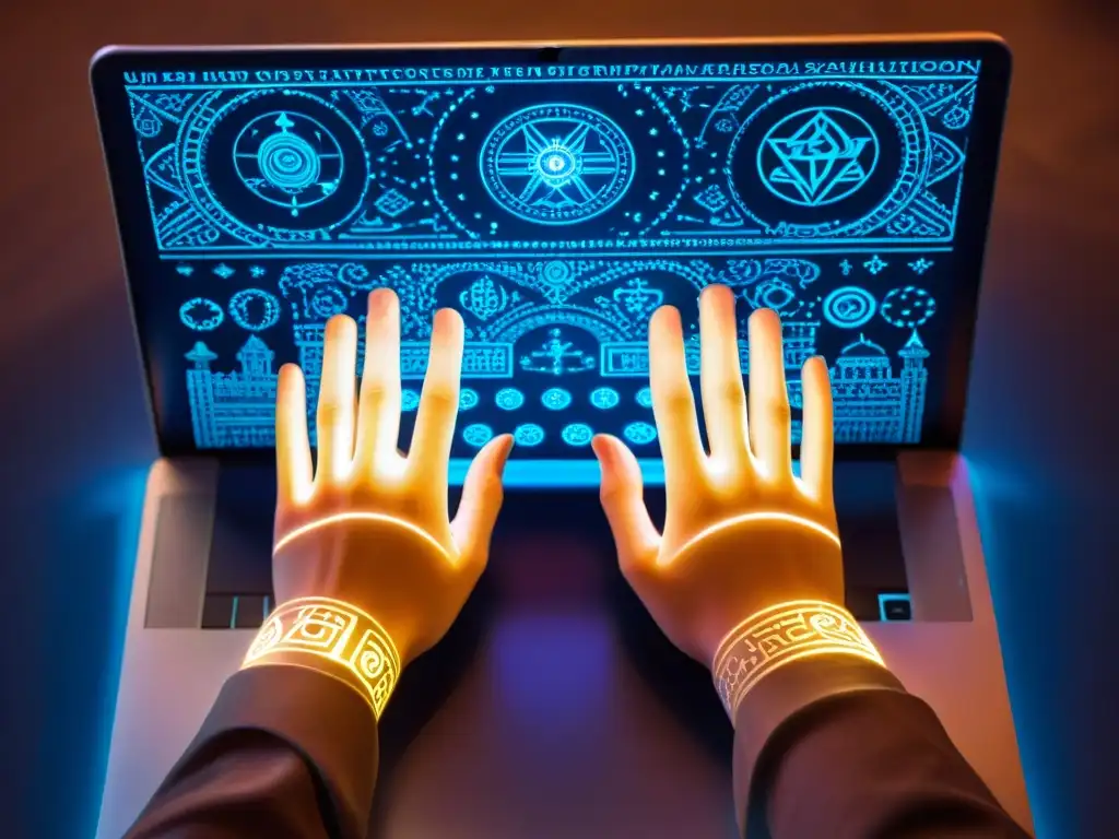 Manos iluminadas por pantalla digital: creencias modernas Manos iluminadas por pantalla de laptop, explorando red de íconos digitales que representan supersticiones