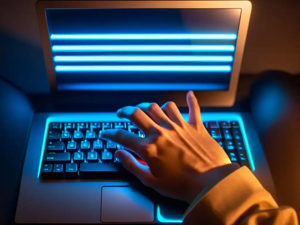 Manos en la oscuridad: typing mensaje misterioso Manos en la oscuridad, iluminadas por la pantalla de un ordenador, en intensa concentración
