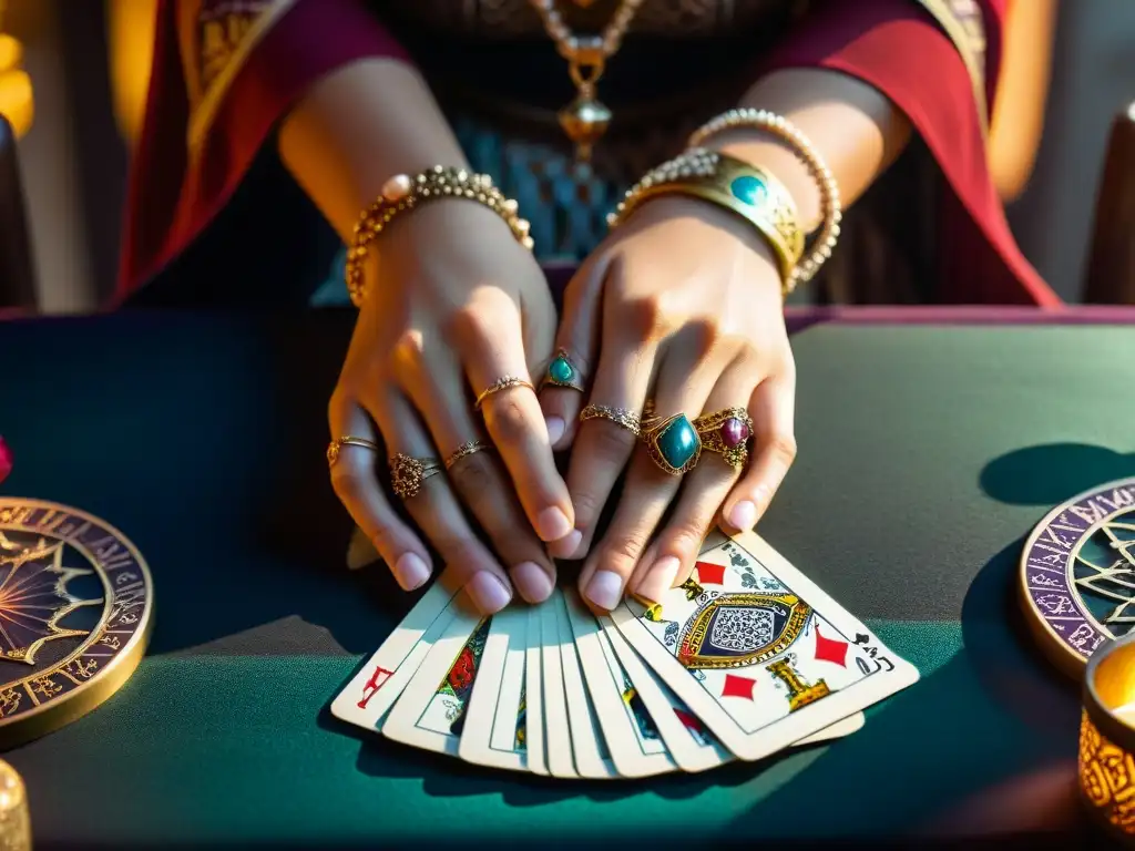 Manos místicas: el arte ancestral del tarot Las manos de la adivina despliegan el tarot en un ambiente misterioso y enigmático