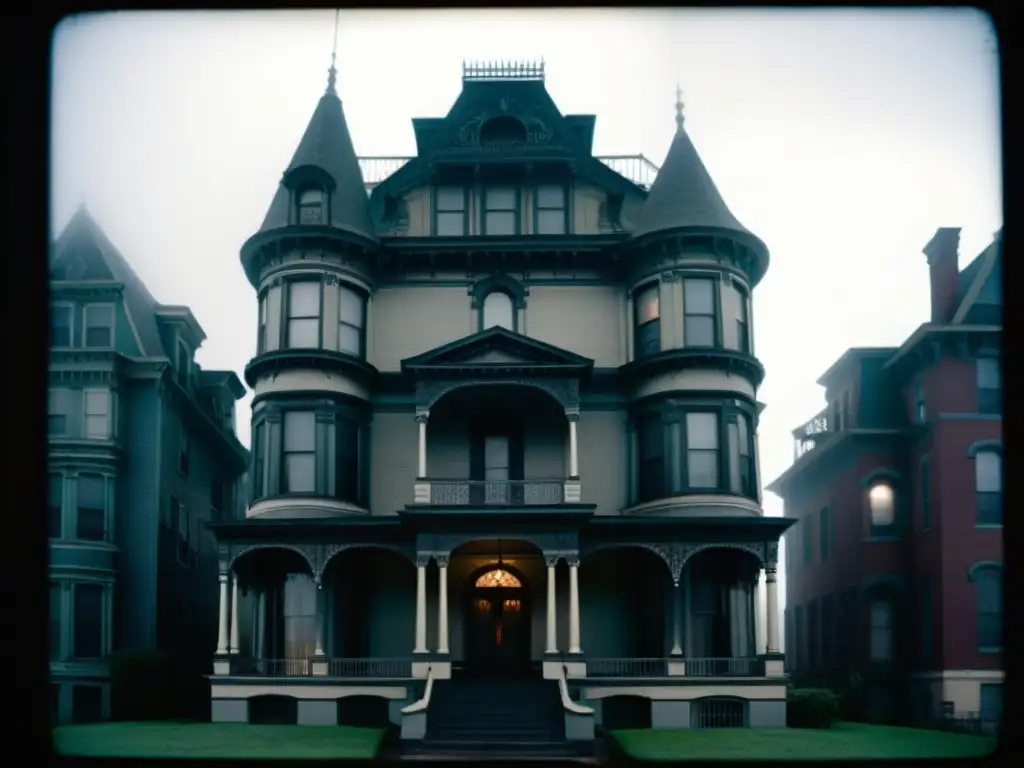 Una mansión victoriana en Lafayette Street envuelta en niebla, con sombras misteriosas y una luz fantasmal en una ventana