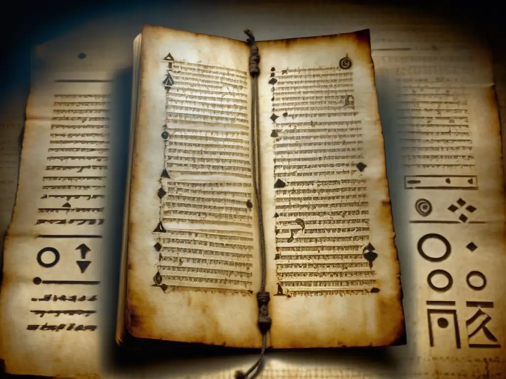 Un manuscrito antiguo iluminado por una luz tenue, con símbolos y escrituras cripticas