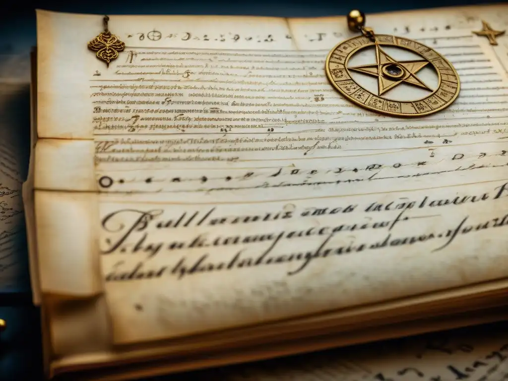 Manuscrito antiguo con texto en francés y símbolos astrológicos, iluminado en penumbra