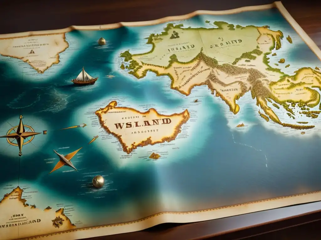 Mapa antiguo detallado de isla misteriosa Un mapa antiguo desgastado abierto en una mesa, con detalles intrigantes de una isla remota rodeada de aguas turbulentas