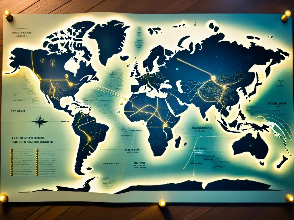 Mapa enigmático: Misterios y conexiones globales Un mapa antiguo detallado con conexiones entre FANI y desapariciones, en una atmósfera misteriosa