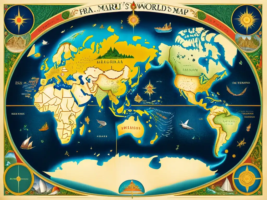 Mapa antiguo detallado de Fra Mauro, con criaturas míticas y civilizaciones antiguas, evocando misteriosos conocimientos geográficos