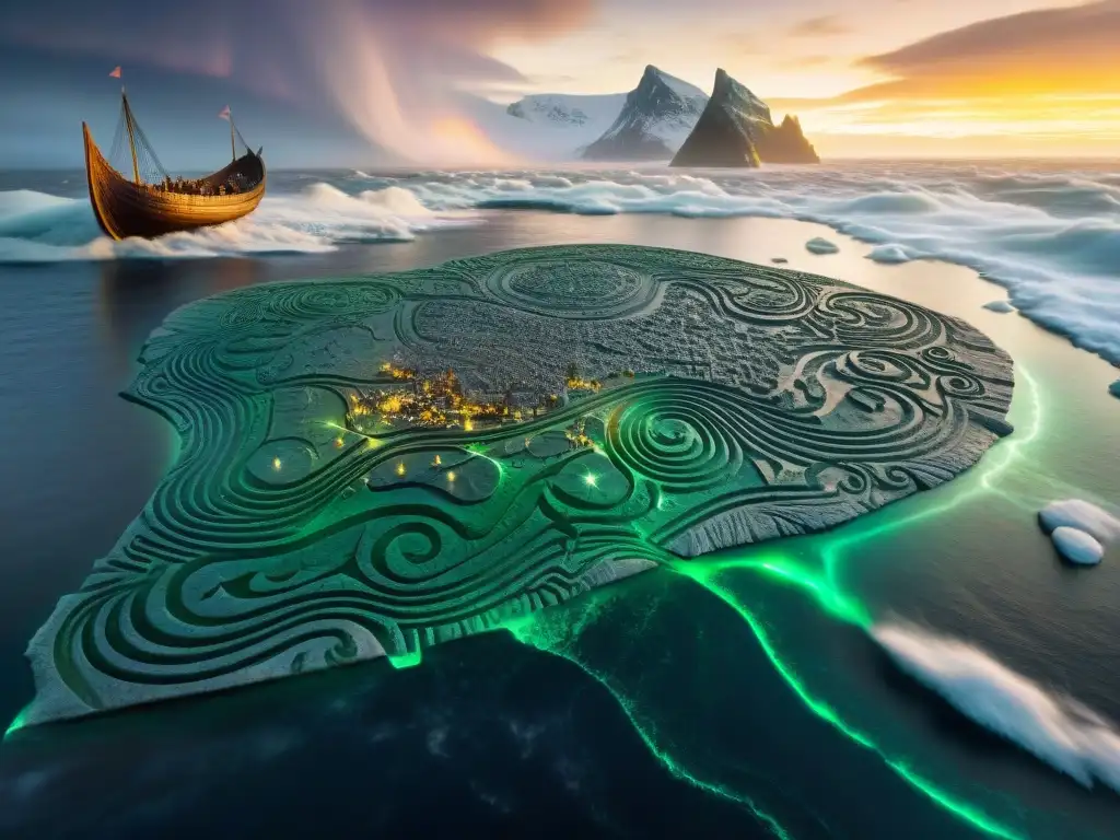 Mapa antiguo de Vinlandia con barcos vikingos en tormenta y auroras boreales