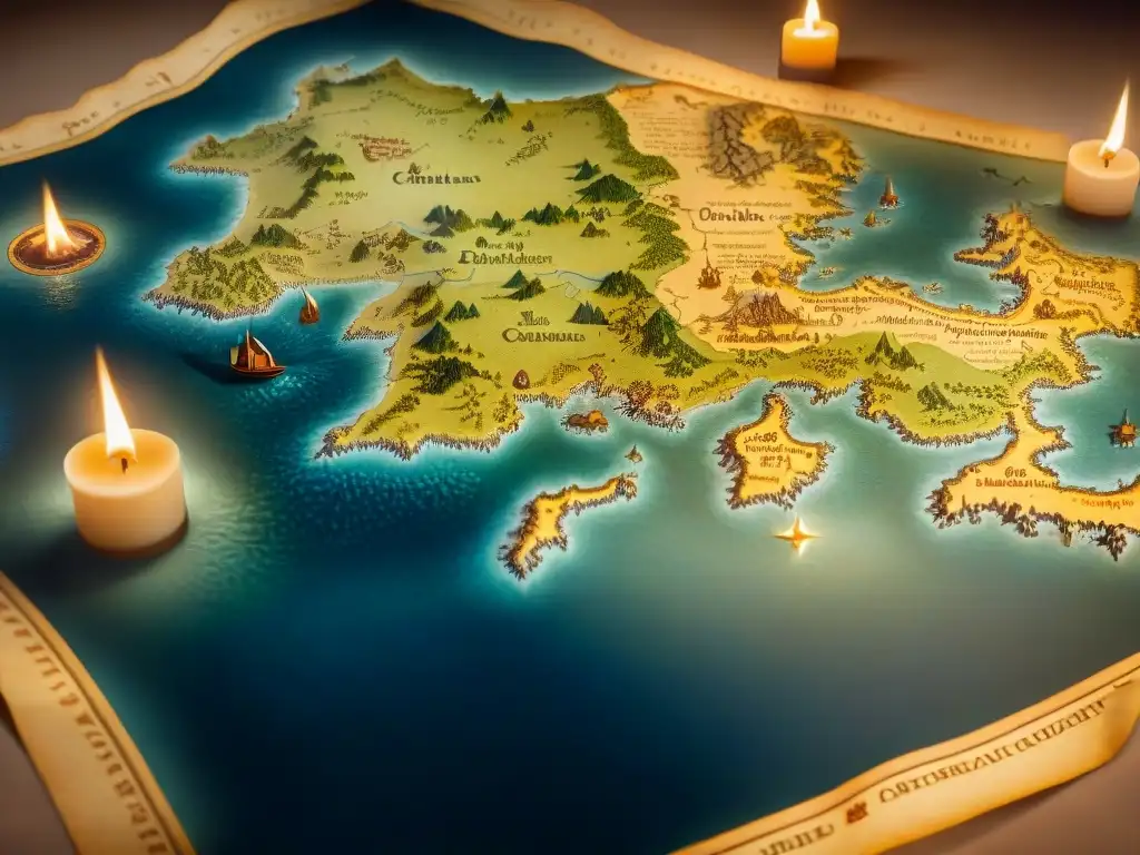 Un mapa medieval detallado iluminado por luz de vela, con criaturas míticas y detalles geográficos