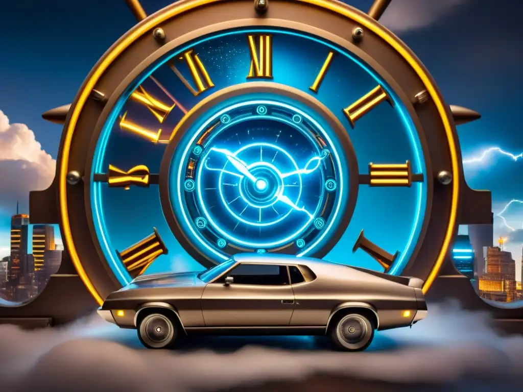 Maquina del tiempo vintage en ciudad futurista Una máquina del tiempo vintage rodeada de nubes y relámpagos, en una ciudad futurista