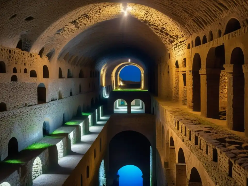 Explora las maravillas ingenieriles de las ciudades subterráneas romanas en intrincadas cámaras y túneles iluminados