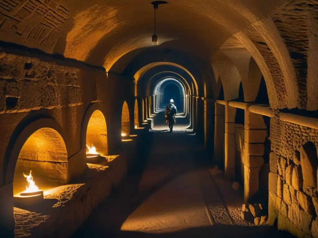 Maravillas ingenieriles: Intrincada red de túneles y cámaras subterráneas en una ciudad romana, con soldados en armadura patrullando calles