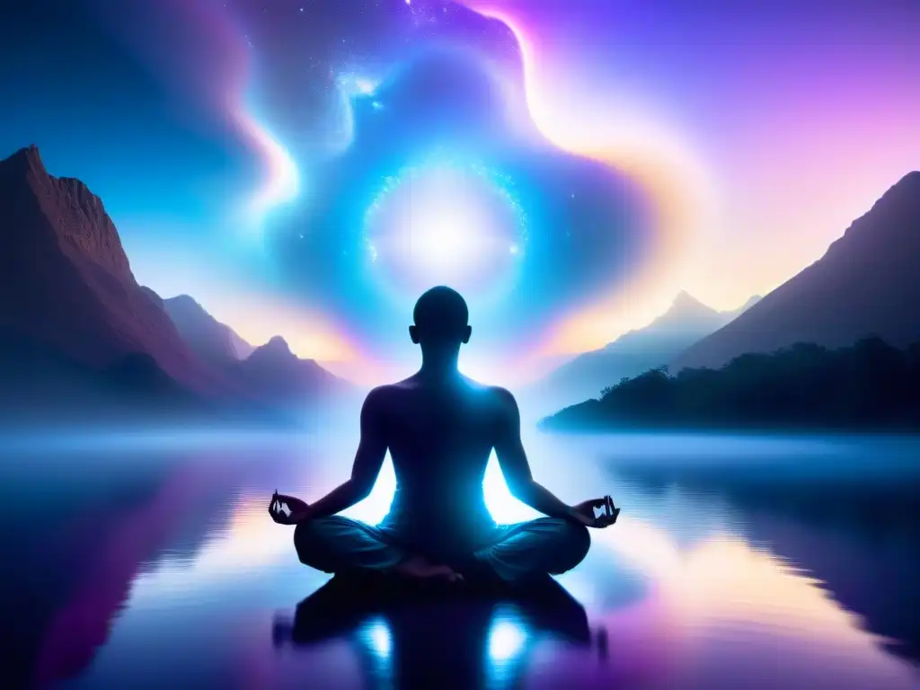 Figura en meditación profunda con aura de luz, proyectando en un paisaje etéreo