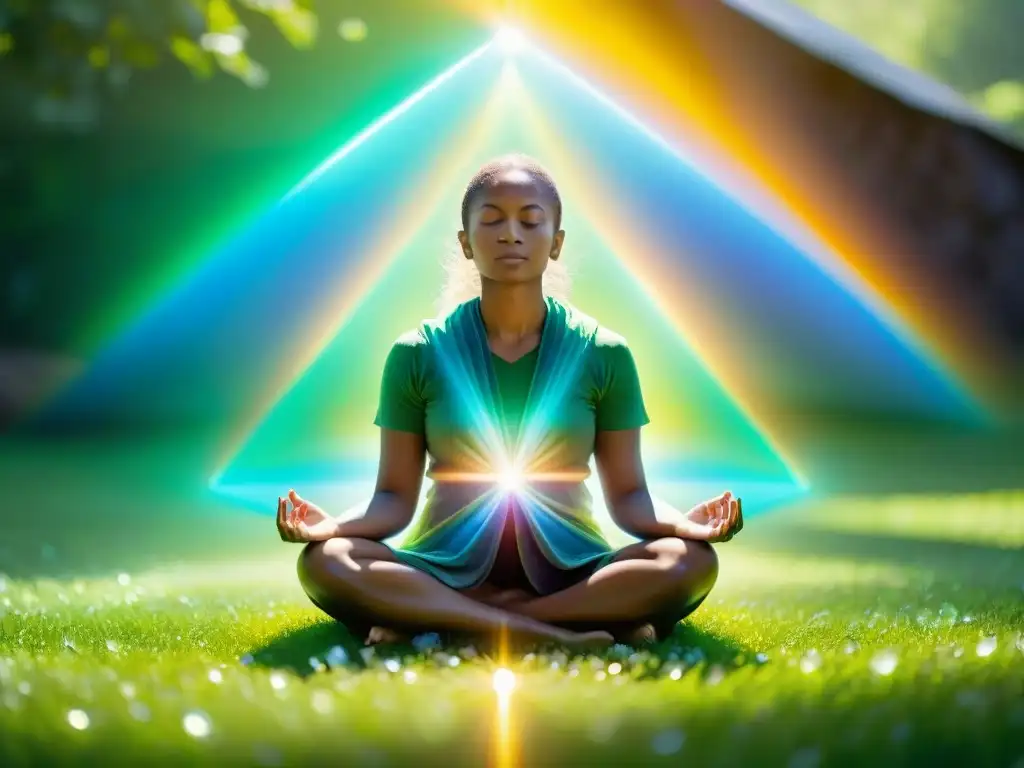 Mediación con cristales: conexión espiritual en la naturaleza Un meditador en paz rodeado de cristales coloridos en un prado verde exuberante