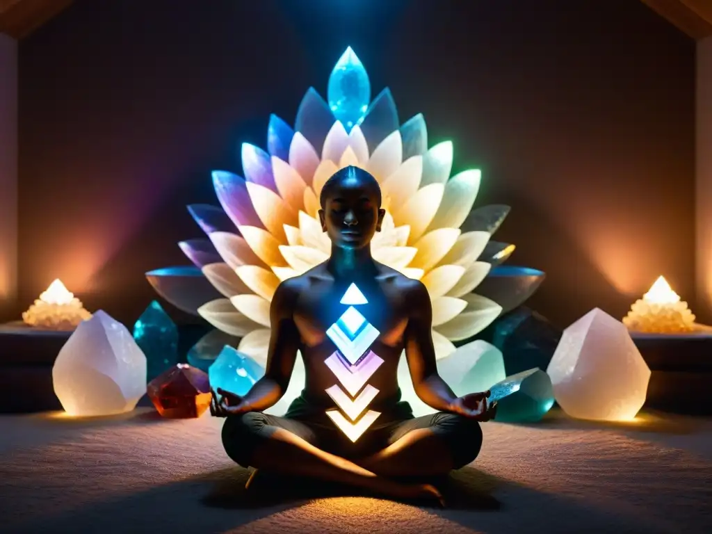 Mediación mística entre cristales: un retiro espiritual Un meditador sereno entre cristales brillantes en una habitación mística