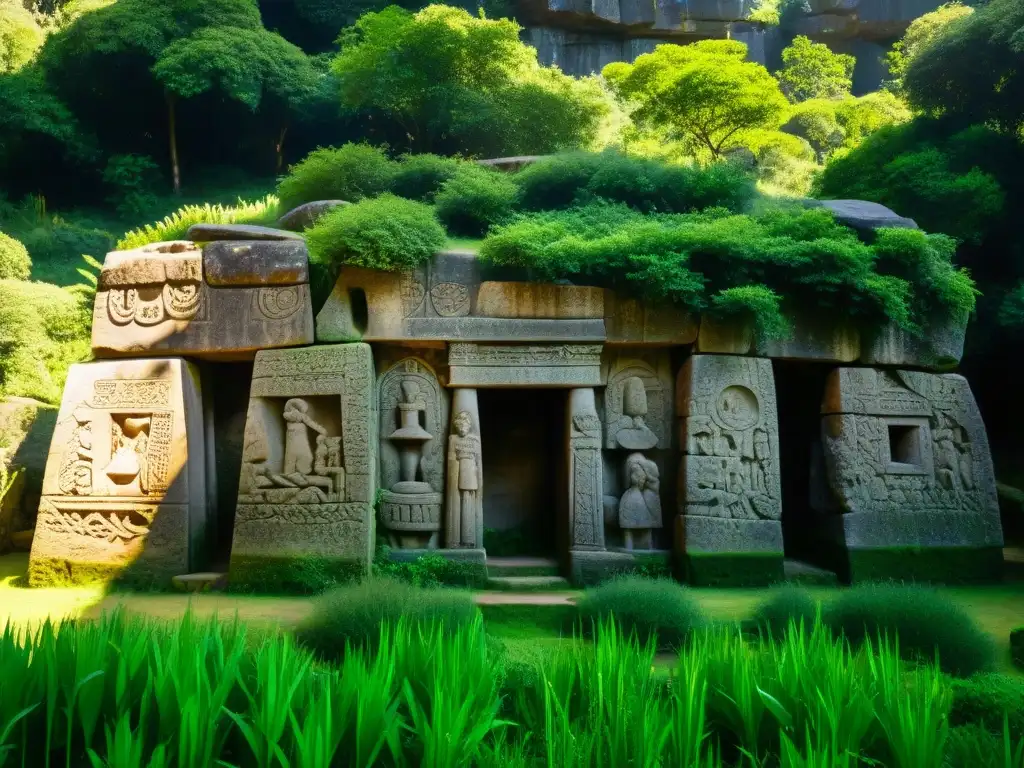 Misteriosa estructura megalítica rodeada de vegetación exuberante Construcción megalítica de piedras vivas misteriosamente talladas en exuberante entorno natural