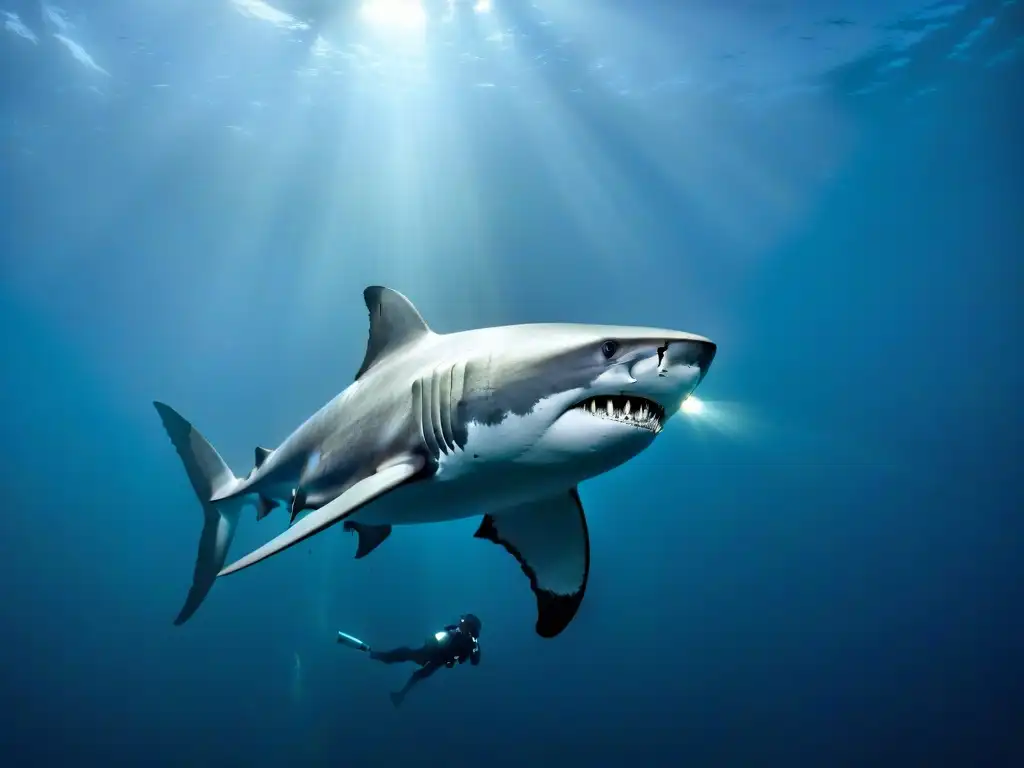 Exploración profunda: Megalodon en las sombras Descubre el Megalodón misterioso en abismos, iluminado por luces brillantes en las profundidades marinas