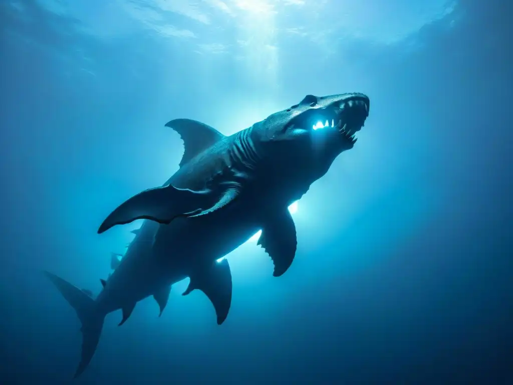 Monstruo marino: sombra colosal en la oscuridad Megalodón misterioso en abismos: imponente silueta en la oscuridad marina, sus afilados dientes y tamaño colosal visibles bajo la tenue luz azul