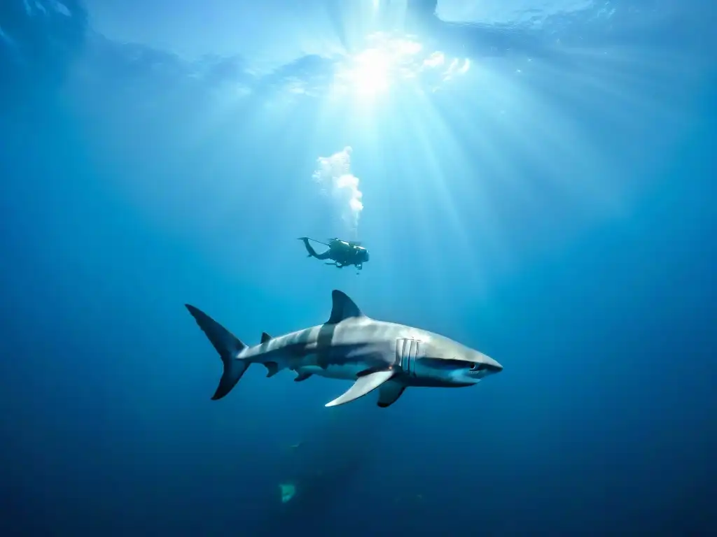 Descenso submarino: Megalodón en las profundidades Descubre el Megalodón misterioso en abismos: un sumergible desciende hacia la oscuridad del océano, iluminando un enorme enigma